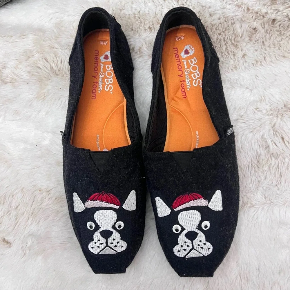 BOBS Skechers Boston Terrier, Black Expressive Design Memory Foam Flat Shoes W10